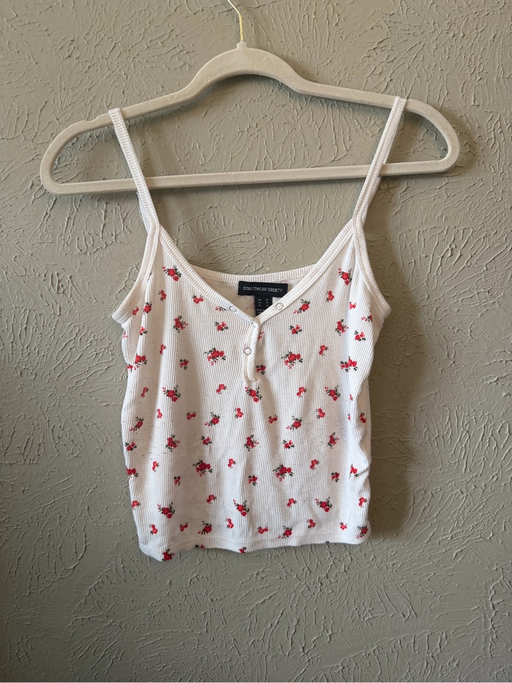 White floral tank top with red flowers with adjustable straps